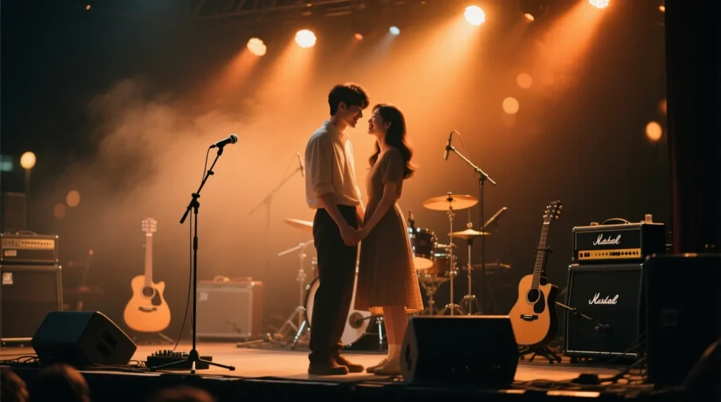 Attractive young adults smiling near a band stage with guitars and lights.