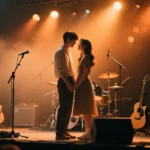 Attractive young adults smiling near a band stage with guitars and lights.