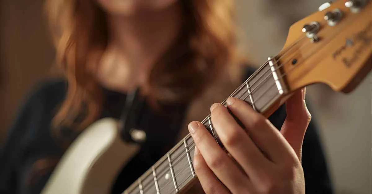Aesthetic close-up of guitar bridge pickup in warm lighting.