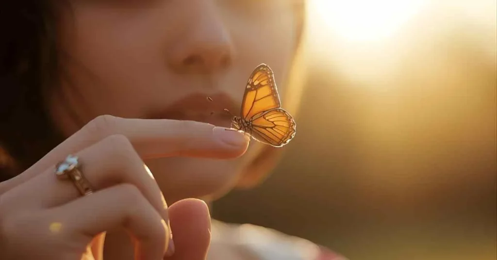 A person softly holding a butterfly on their fingers with warm natural lighting and an aesthetic romantic vibe.