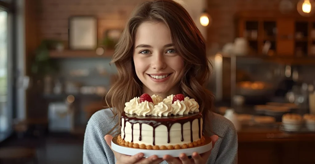 Smiling person holding a decorated cake in a warm bakery setting.