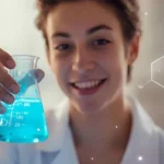 Attractive science-themed scene with a person holding a glowing beaker and calcium symbols floating around.
