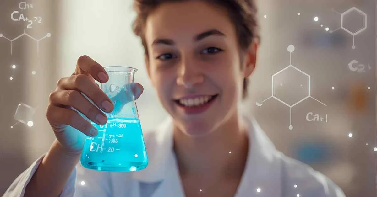 Attractive science-themed scene with a person holding a glowing beaker and calcium symbols floating around.
