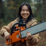 Attractive woman holding a chainsaw in a forest setting with a playful expression.