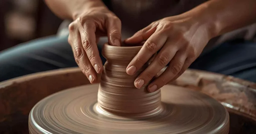 Hands shaping clay on a pottery wheel in a warm and natural pottery studio with romantic artistic vibes.