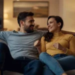 Cute couple sharing flirty vibes while relaxing on a cozy couch.