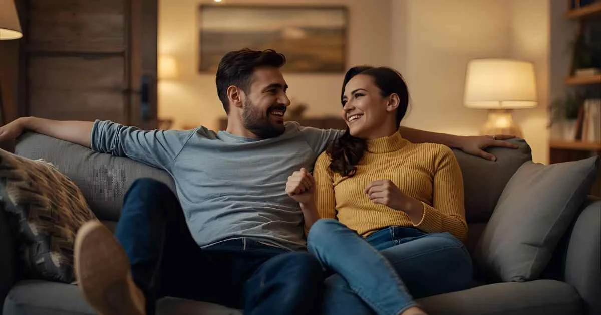 Cute couple sharing flirty vibes while relaxing on a cozy couch.