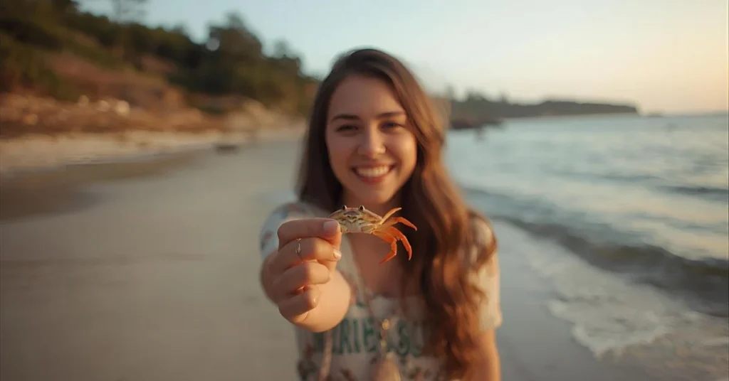 Person holding a small crab at the beach during sunset with a playful smile.