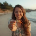 Person holding a small crab at the beach during sunset with a playful smile.