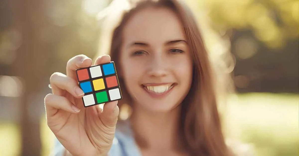 Cube-themed flirty aesthetic with a person holding a Rubik’s cube.