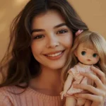 attractive aesthetic photo of person holding a doll with a flirty smile