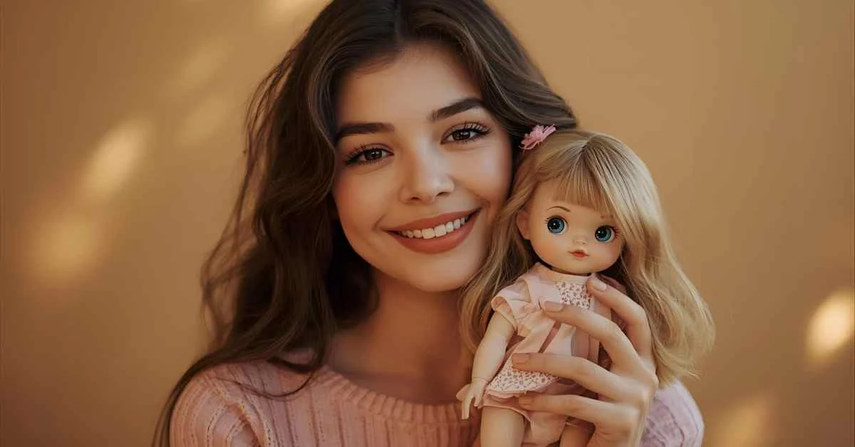 attractive aesthetic photo of person holding a doll with a flirty smile
