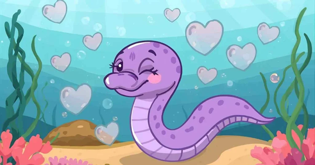 Cartoon playful eel winking with heart bubbles, representing fun and flirty eel pickup lines