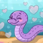Cartoon playful eel winking with heart bubbles, representing fun and flirty eel pickup lines