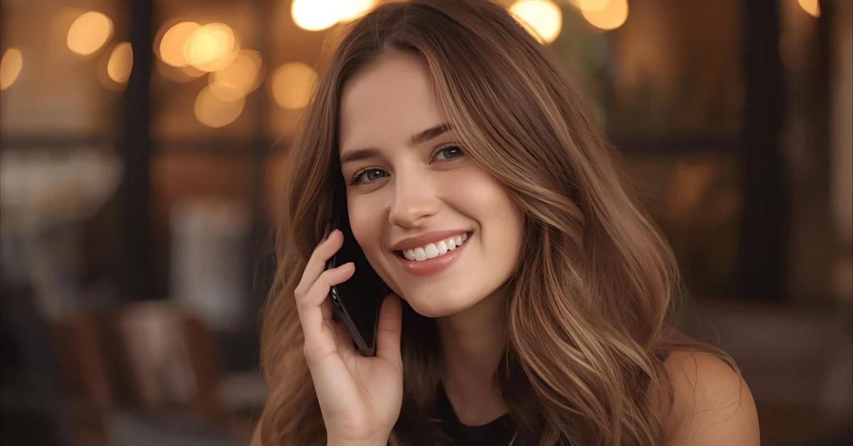 Smiling girl named Emily holding her phone with a warm aesthetic background.