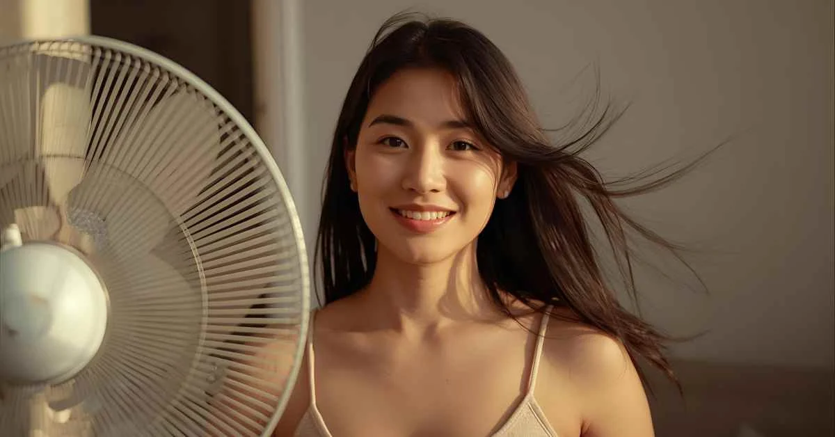 A girl smiling as a fan blows a gentle breeze, creating a cool and playful atmosphere.
