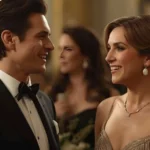 Elegant couple sharing a charming moment at a formal event