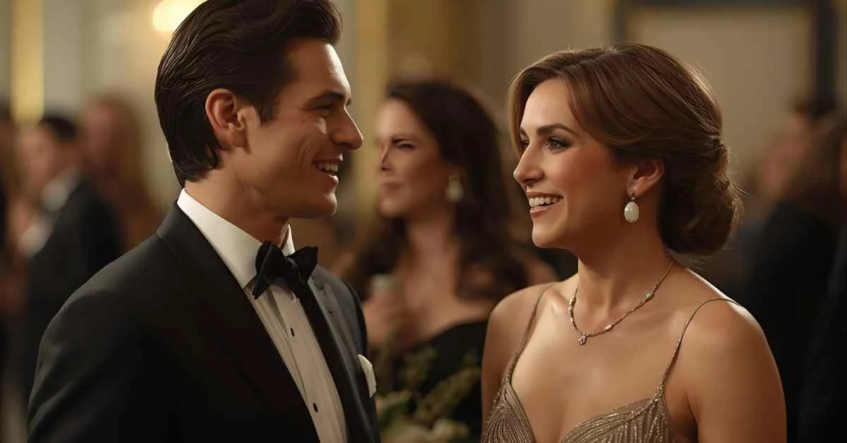 Elegant couple sharing a charming moment at a formal event