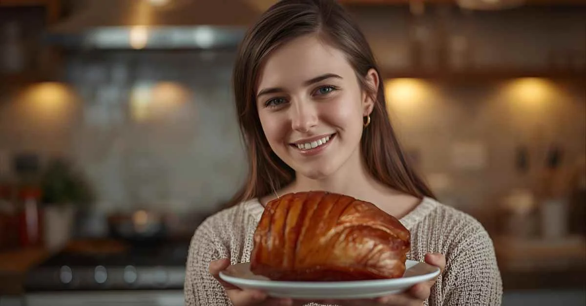 Realistic image of a person holding freshly glazed ham with a warm and playful aesthetic.
