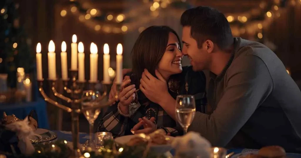 Couple flirting during Hanukkah with menorah glowing in the background