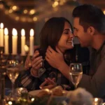 Couple flirting during Hanukkah with menorah glowing in the background