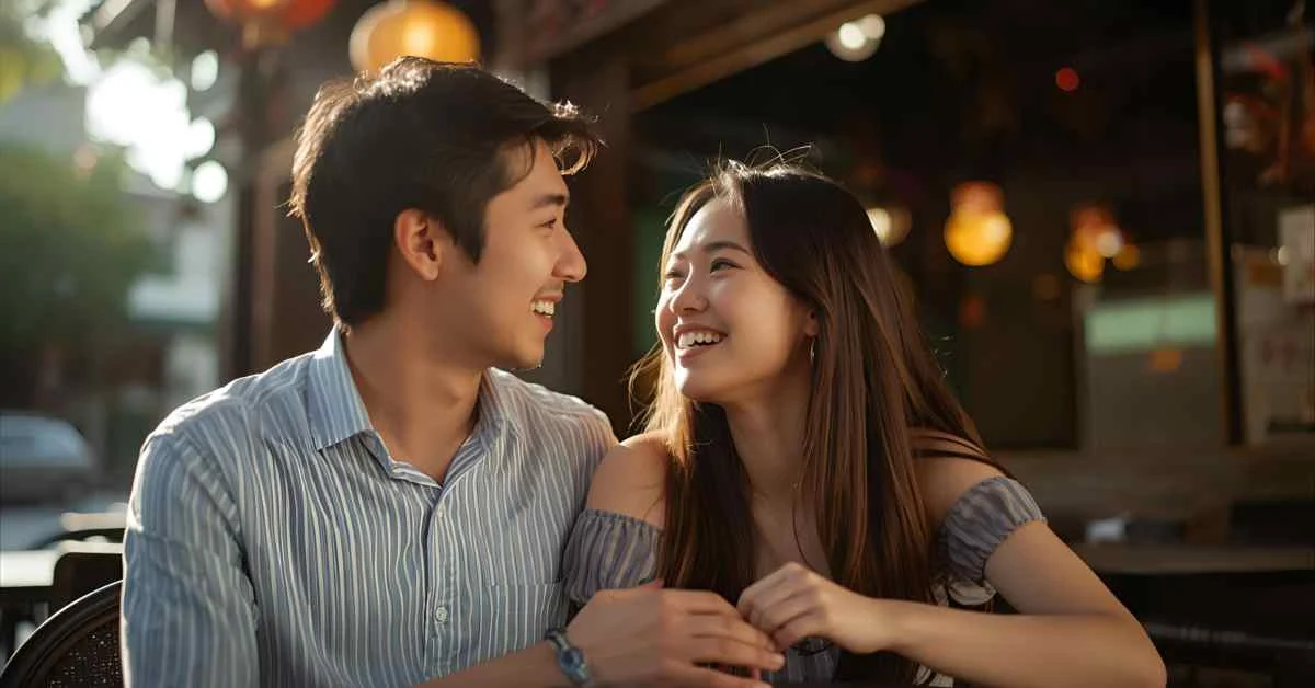Romantic Vietnamese-inspired couple smiling at each other in natural daylight.