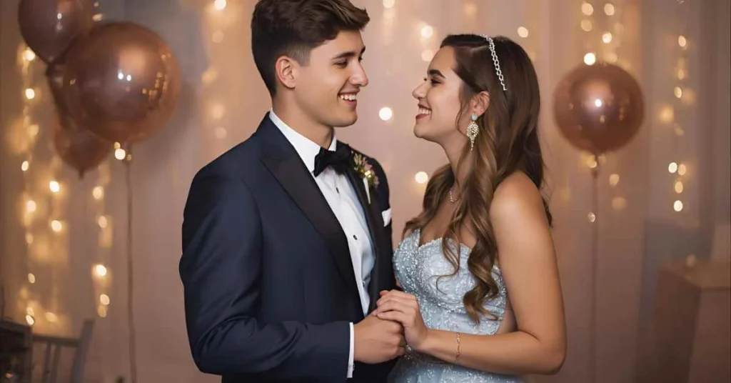 Teen couple enjoying prom night with soft lights and elegant decor