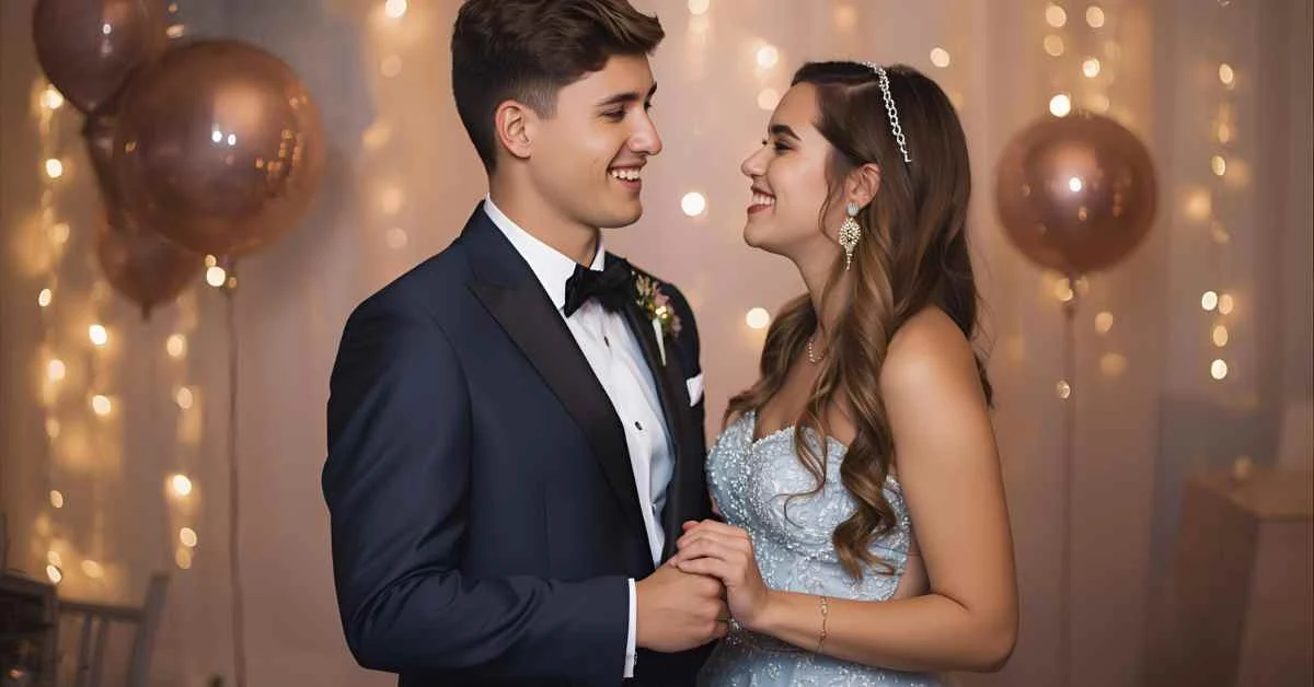 Teen couple enjoying prom night with soft lights and elegant decor