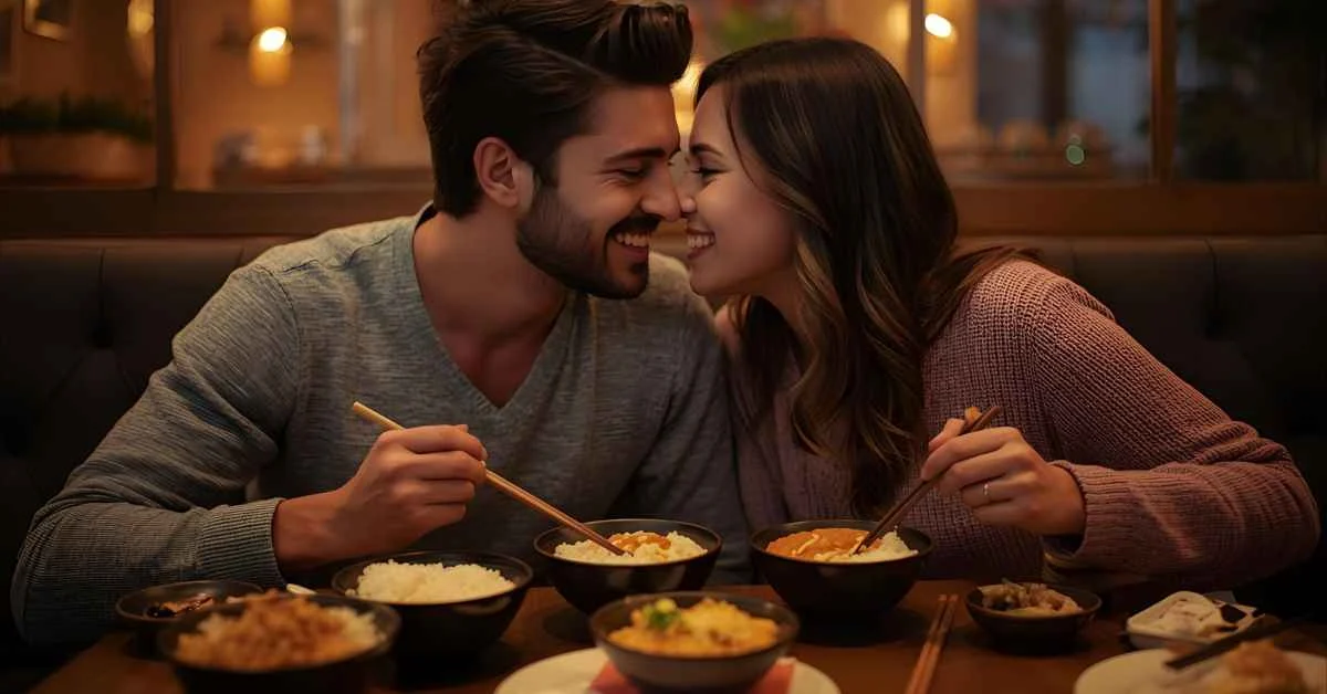 Cute romantic couple smiling over rice bowls at a cozy dinner table — representing flirty and funny rice pick up lines.