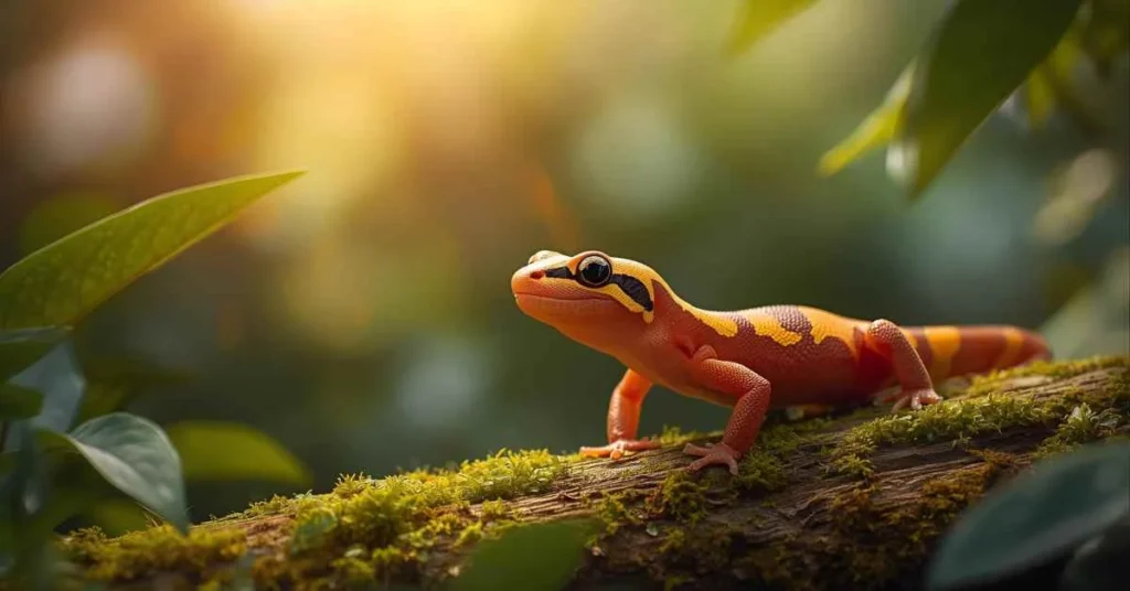 A vibrant salamander resting on a mossy log in warm natural sunlight inside a forest, captured in a realistic and attractive style for a nature-themed article.