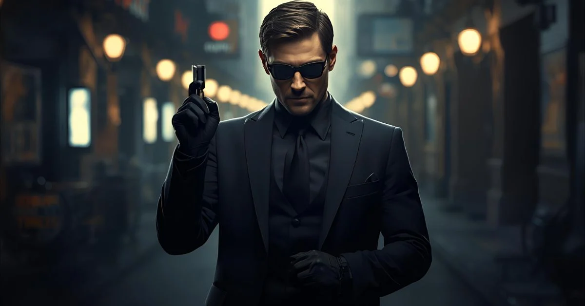 Realistic cinematic spy holding a gadget in a dramatic setting with a romantic tone