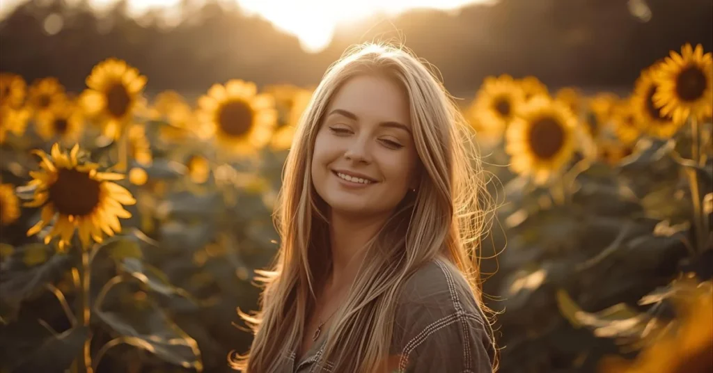 A person standing in a bright sunflower field during golden hour with soft sunlight and warm romantic energy.
