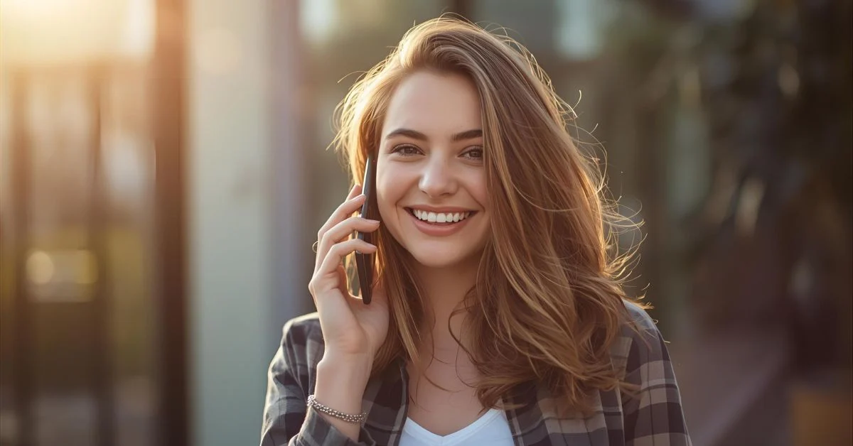 person smiling at phone while texting pickup lines in natural lighting