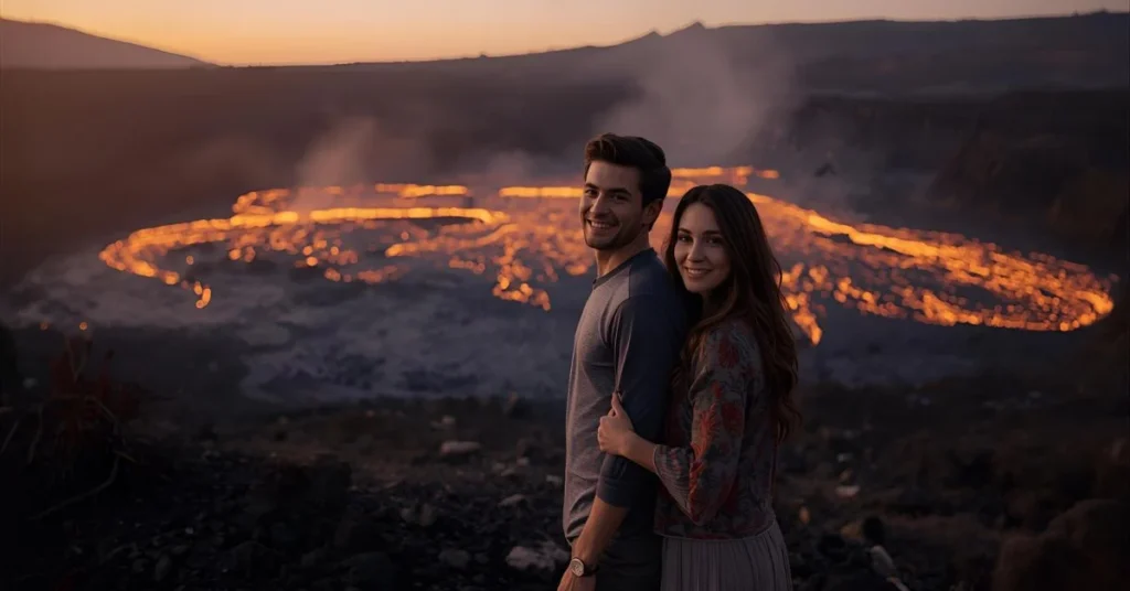 Romantic couple standing near a glowing volcano with warm lava in the background