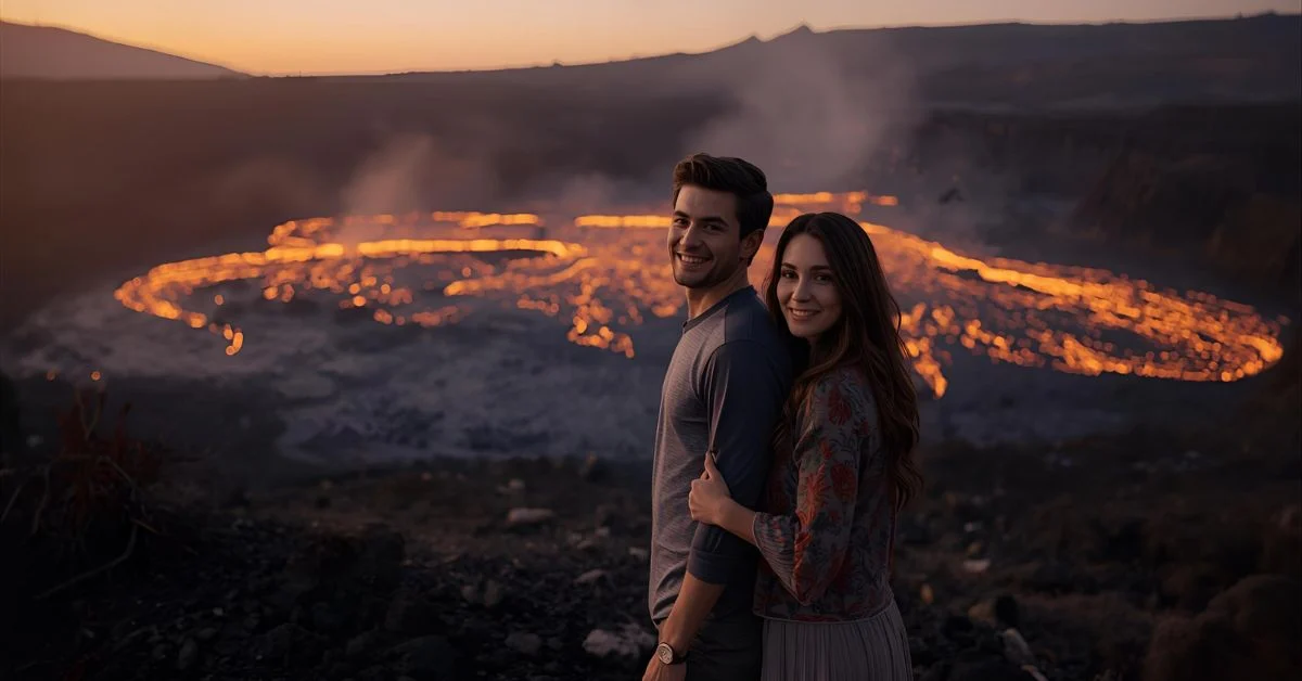 Romantic couple standing near a glowing volcano with warm lava in the background