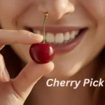 A playful girl holding a cherry with a soft smile, representing flirty cherry pickup lines.