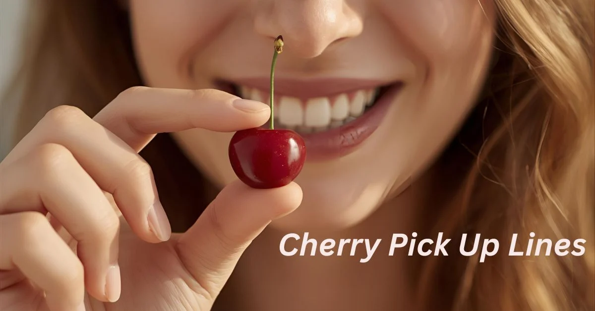 A playful girl holding a cherry with a soft smile, representing flirty cherry pickup lines.